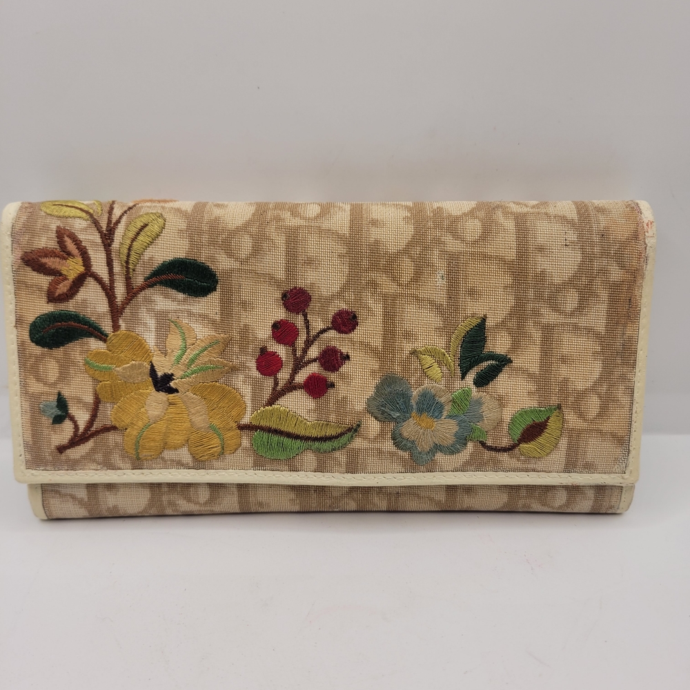 Dior Tan and Yellow Wallet with Floral Embroidery